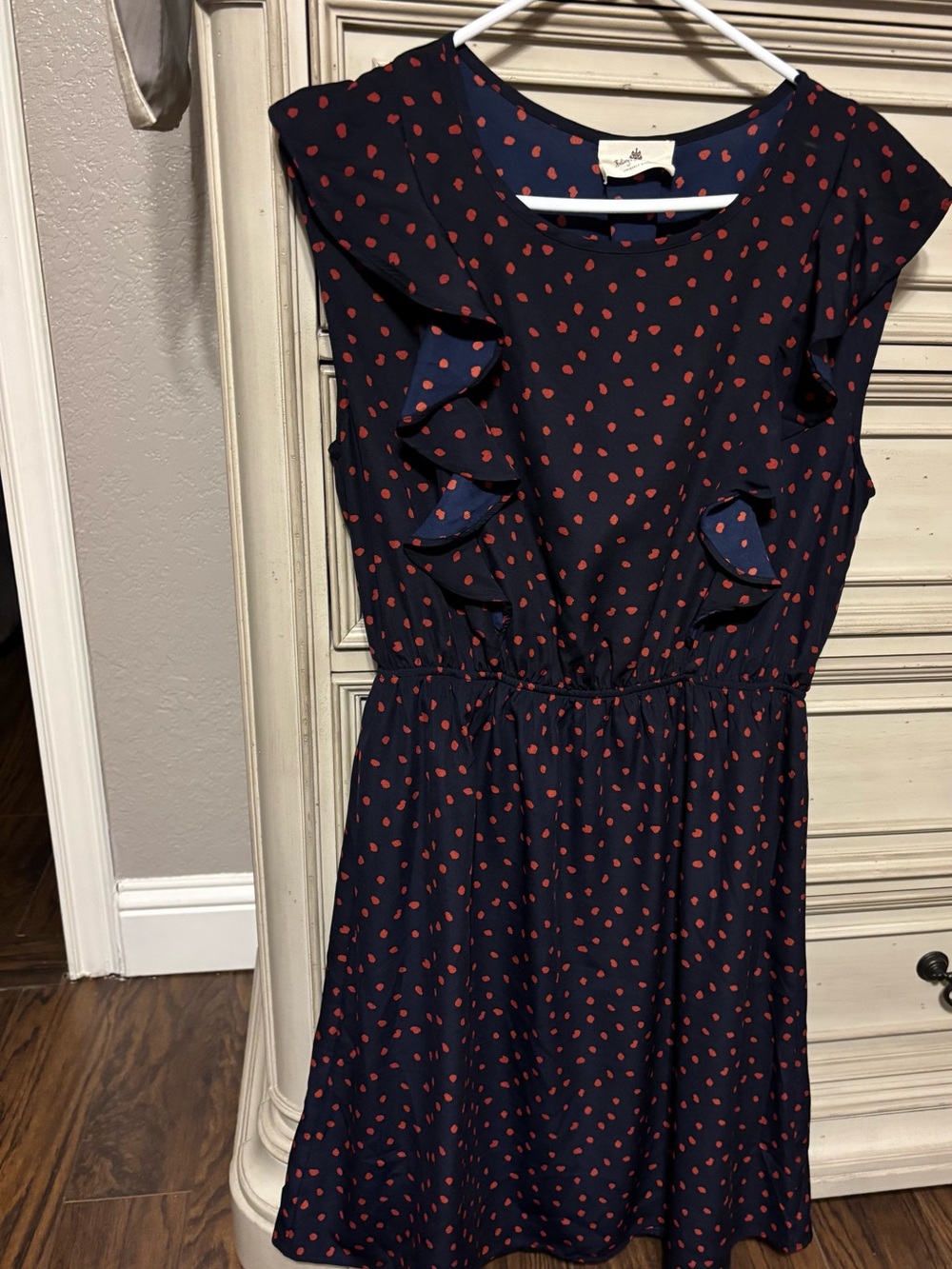 M Navy Dress with Red Dot Print and Ruffle Trim - Picture 1 of 2